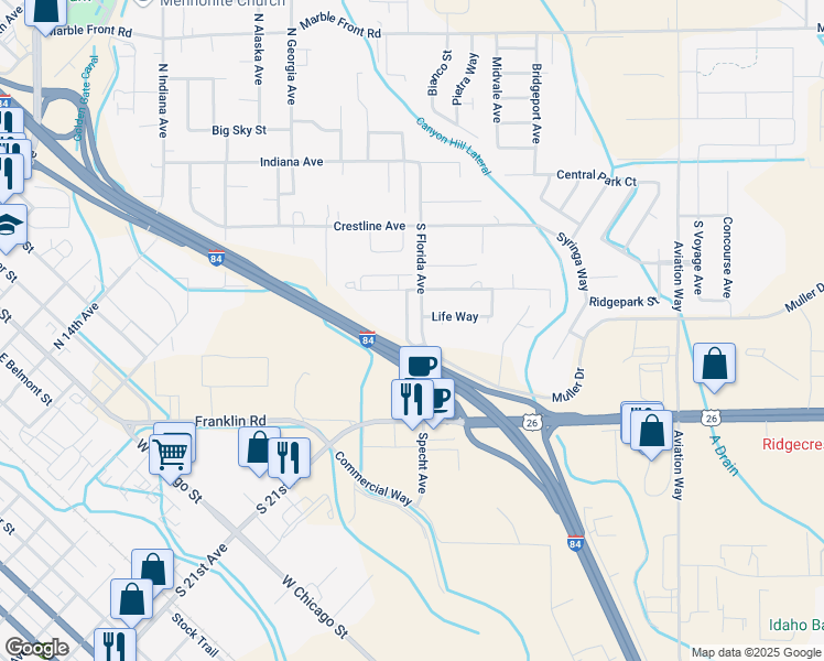 map of restaurants, bars, coffee shops, grocery stores, and more near 608 Rooster Lane in Caldwell