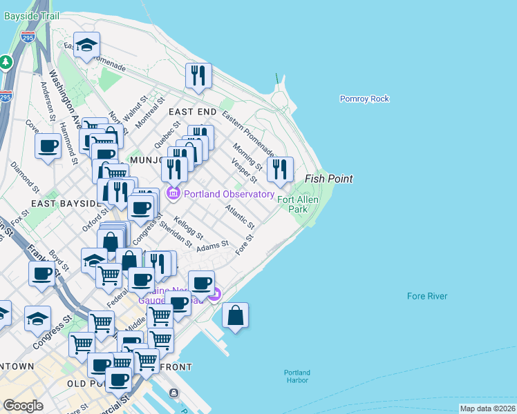 map of restaurants, bars, coffee shops, grocery stores, and more near 18 Munjoy Street in Portland