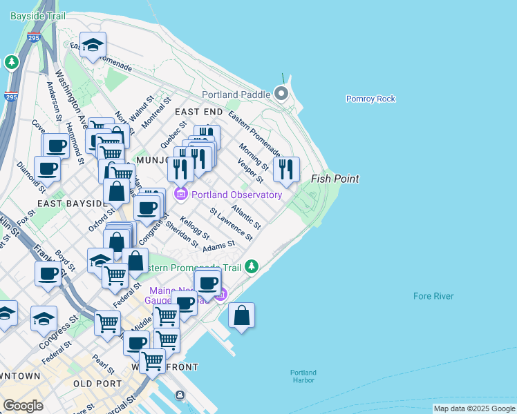 map of restaurants, bars, coffee shops, grocery stores, and more near 18 Munjoy Street in Portland