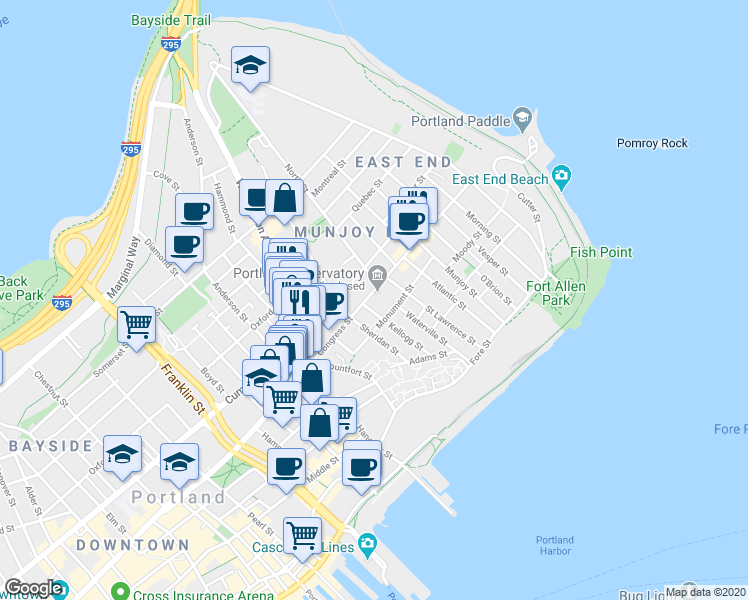 map of restaurants, bars, coffee shops, grocery stores, and more near 65 Monument Street in Portland