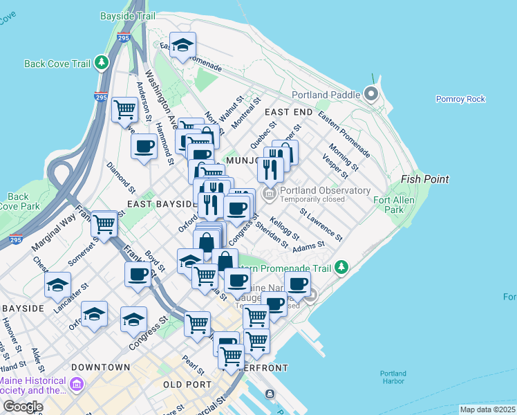 map of restaurants, bars, coffee shops, grocery stores, and more near in Portland