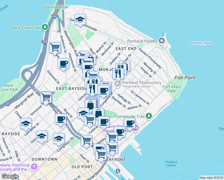map of restaurants, bars, coffee shops, grocery stores, and more near in Portland