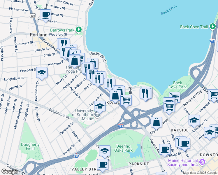 map of restaurants, bars, coffee shops, grocery stores, and more near 6 Grasmere Road in Portland