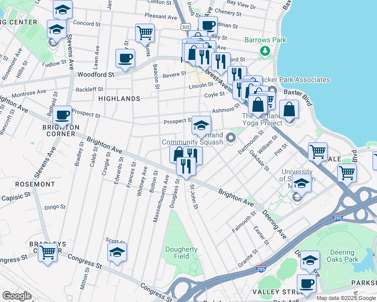 map of restaurants, bars, coffee shops, grocery stores, and more near 29 Saint George Street in Portland