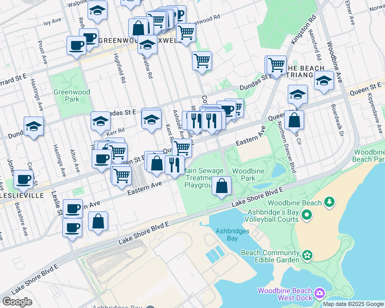 map of restaurants, bars, coffee shops, grocery stores, and more near in Toronto