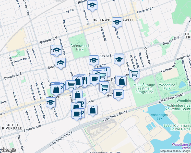 map of restaurants, bars, coffee shops, grocery stores, and more near 1348 A Queen Street East in Toronto