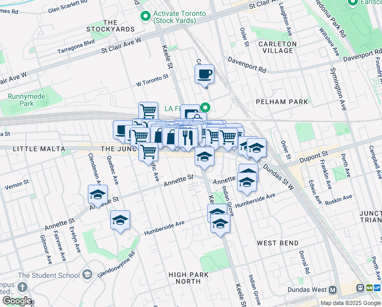 map of restaurants, bars, coffee shops, grocery stores, and more near in Toronto