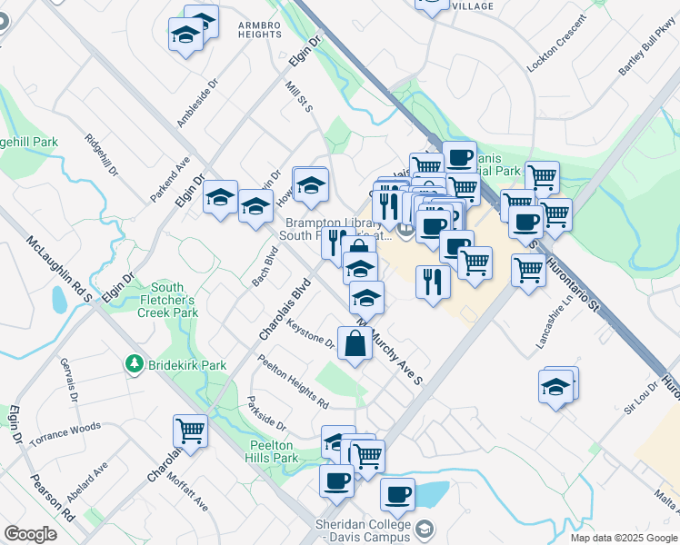 map of restaurants, bars, coffee shops, grocery stores, and more near 95 Charolais Boulevard in Brampton