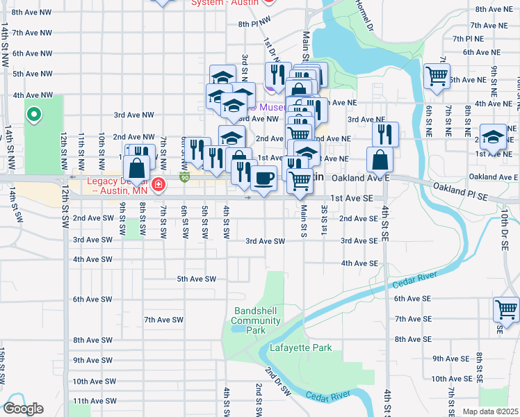 map of restaurants, bars, coffee shops, grocery stores, and more near 300 2nd Avenue Southwest in Austin