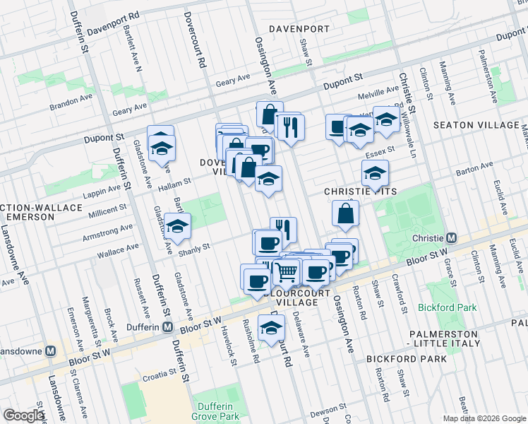 map of restaurants, bars, coffee shops, grocery stores, and more near 332 Delaware Avenue in Toronto