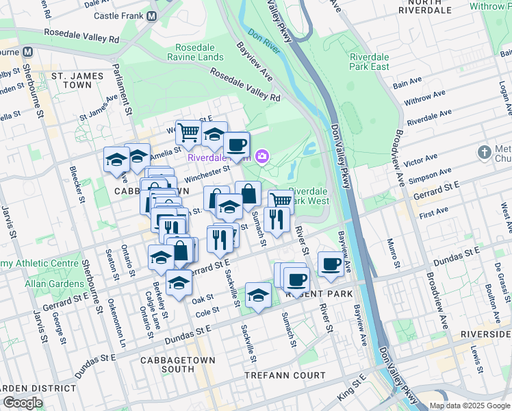 map of restaurants, bars, coffee shops, grocery stores, and more near 4 Geneva Avenue in Toronto