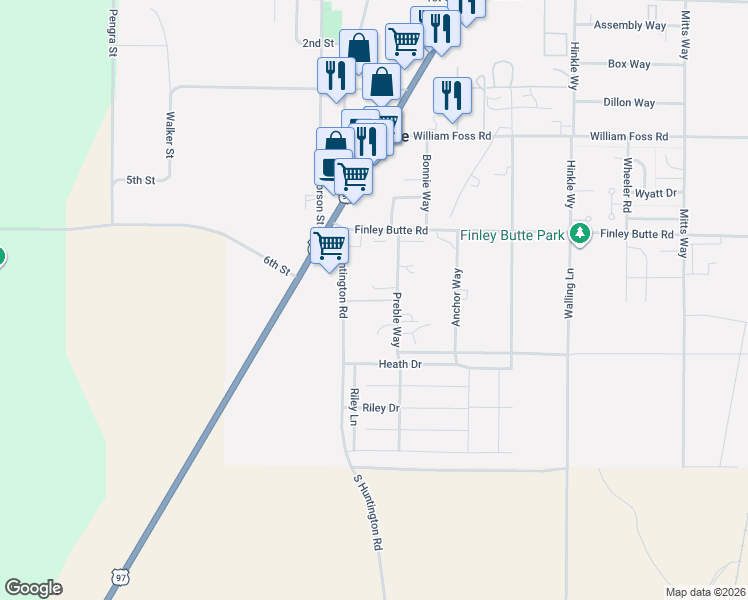 map of restaurants, bars, coffee shops, grocery stores, and more near 51336 Huntington Road in La Pine