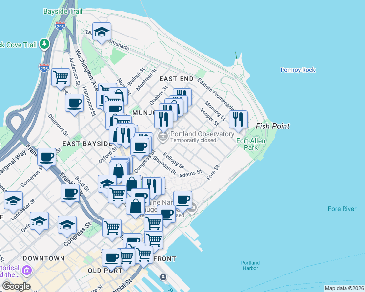 map of restaurants, bars, coffee shops, grocery stores, and more near 5 Sherbrooke Street in Portland