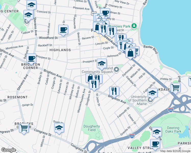 map of restaurants, bars, coffee shops, grocery stores, and more near 29 Saint George Street in Portland