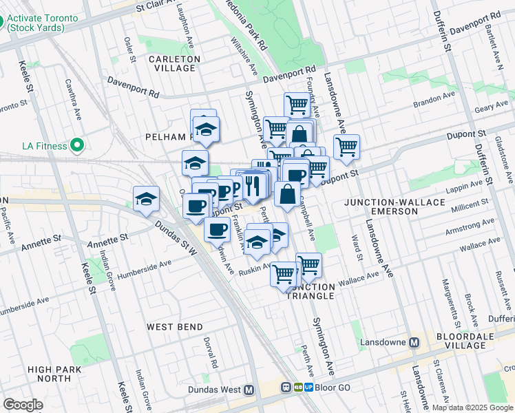 map of restaurants, bars, coffee shops, grocery stores, and more near 1547 Dupont Street in Toronto