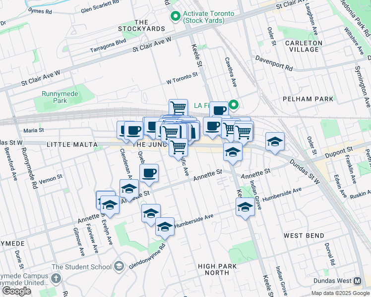 map of restaurants, bars, coffee shops, grocery stores, and more near in Toronto