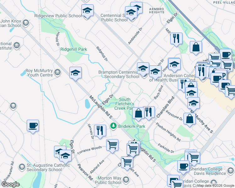 map of restaurants, bars, coffee shops, grocery stores, and more near 143 Elgin Drive in Brampton