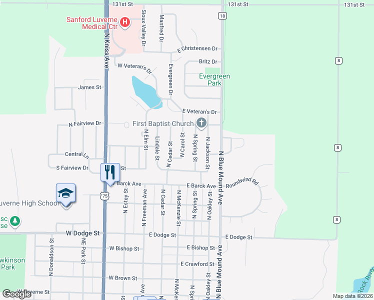 map of restaurants, bars, coffee shops, grocery stores, and more near 1002 North Carol Street in Luverne