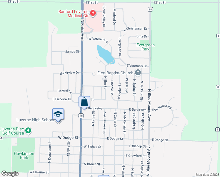 map of restaurants, bars, coffee shops, grocery stores, and more near 1023 Lindale Street in Luverne