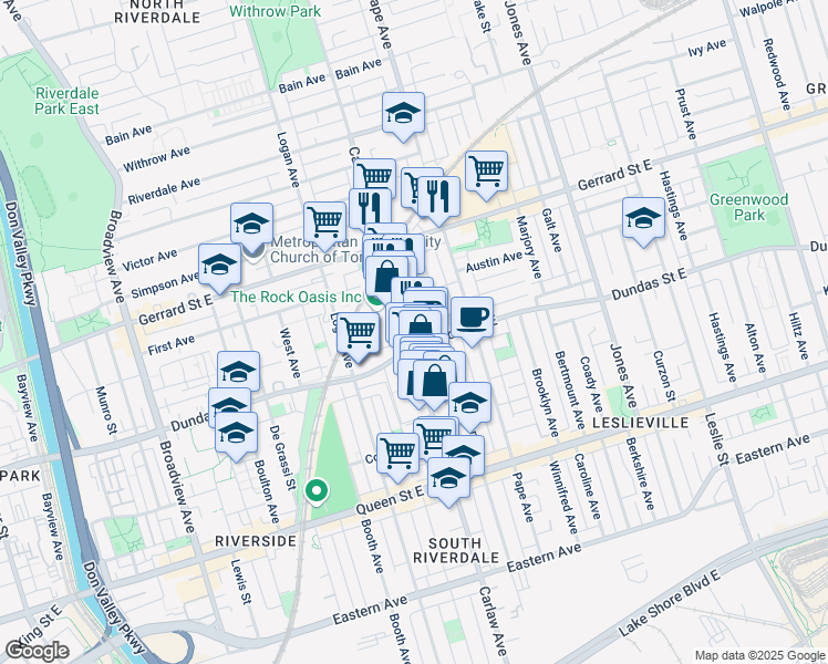 map of restaurants, bars, coffee shops, grocery stores, and more near 345 Carlaw Avenue in Toronto