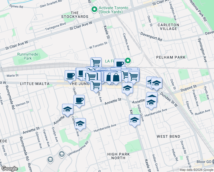 map of restaurants, bars, coffee shops, grocery stores, and more near 235 Medland Street in Toronto