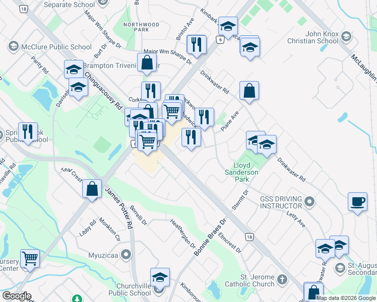 map of restaurants, bars, coffee shops, grocery stores, and more near 20 Arthurs Crescent in Brampton