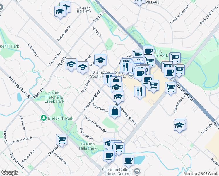map of restaurants, bars, coffee shops, grocery stores, and more near 95 Charolais Boulevard in Brampton