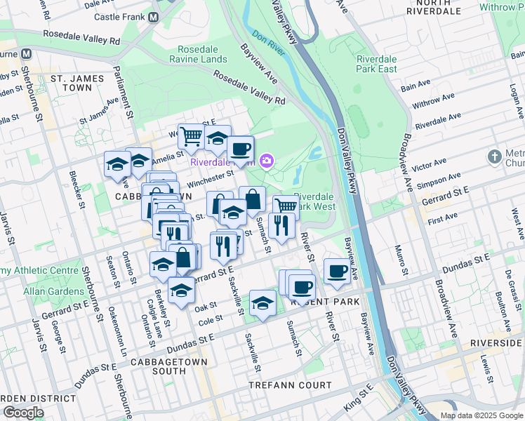 map of restaurants, bars, coffee shops, grocery stores, and more near 8 Geneva Avenue in Toronto
