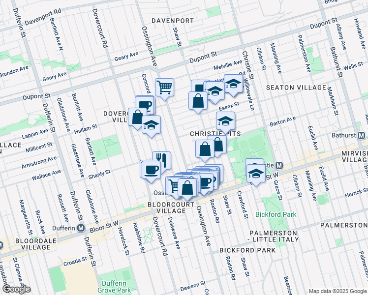 map of restaurants, bars, coffee shops, grocery stores, and more near 865 Ossington Avenue in Toronto