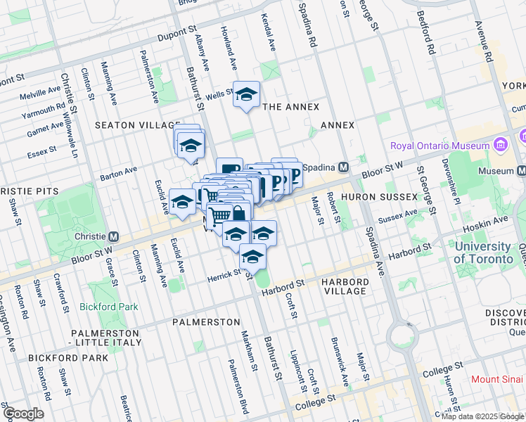 map of restaurants, bars, coffee shops, grocery stores, and more near 527 Bloor Street West in Toronto