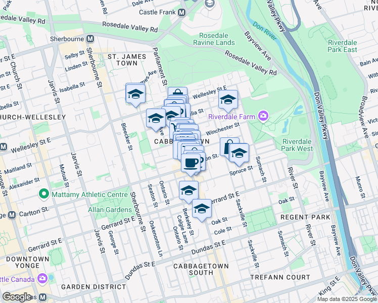 map of restaurants, bars, coffee shops, grocery stores, and more near 517 Parliament Street in Toronto