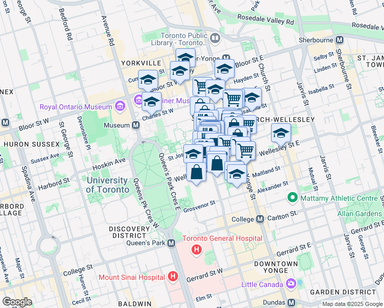 map of restaurants, bars, coffee shops, grocery stores, and more near 95 Saint Joseph Street in Toronto