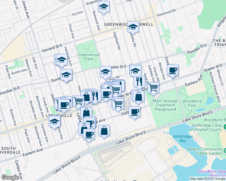 map of restaurants, bars, coffee shops, grocery stores, and more near 8 Cherry Nook Gardens in Toronto