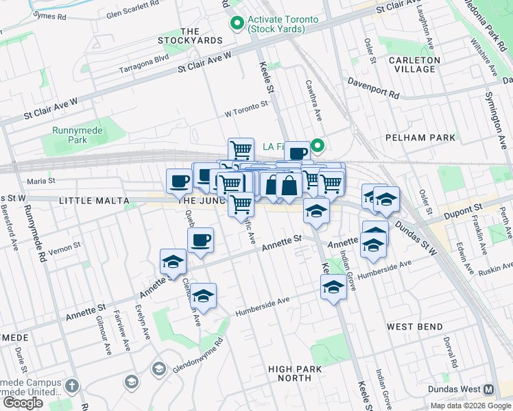 map of restaurants, bars, coffee shops, grocery stores, and more near in Toronto