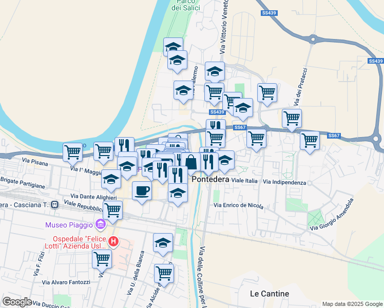 map of restaurants, bars, coffee shops, grocery stores, and more near 22 Piazza della Concordia in Pontedera