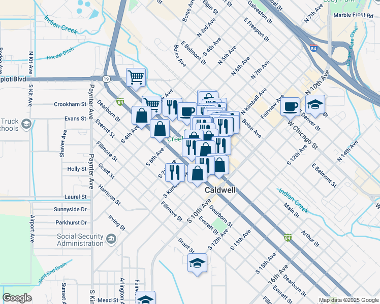 map of restaurants, bars, coffee shops, grocery stores, and more near 704 Blaine Street in Caldwell