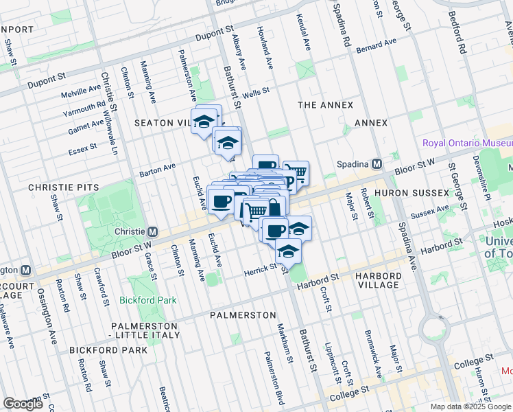 map of restaurants, bars, coffee shops, grocery stores, and more near in Toronto