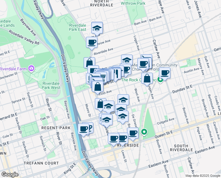 map of restaurants, bars, coffee shops, grocery stores, and more near 60 First Avenue in Toronto