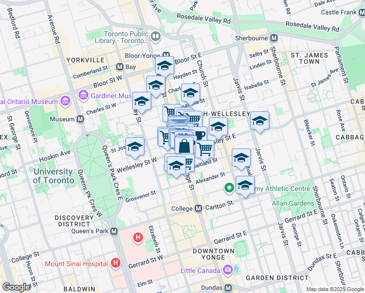 map of restaurants, bars, coffee shops, grocery stores, and more near 563 Yonge Street in Toronto