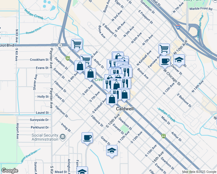 map of restaurants, bars, coffee shops, grocery stores, and more near 704 Blaine Street in Caldwell