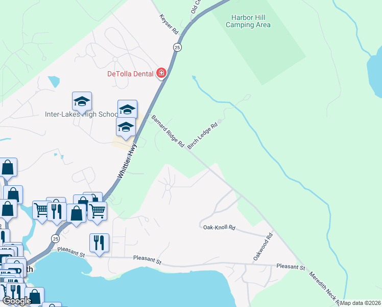 map of restaurants, bars, coffee shops, grocery stores, and more near 25 Barnard Ridge Road in Meredith