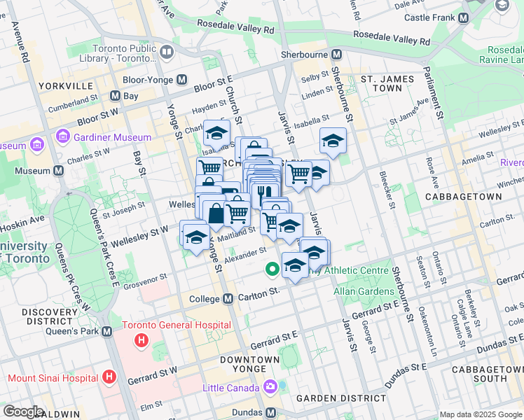 map of restaurants, bars, coffee shops, grocery stores, and more near 544 Church Street in Toronto