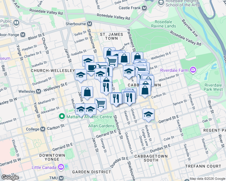 map of restaurants, bars, coffee shops, grocery stores, and more near 104 Bleecker Street in Toronto