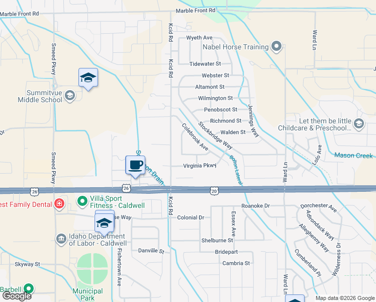 map of restaurants, bars, coffee shops, grocery stores, and more near 11901 Emerson Street in Caldwell