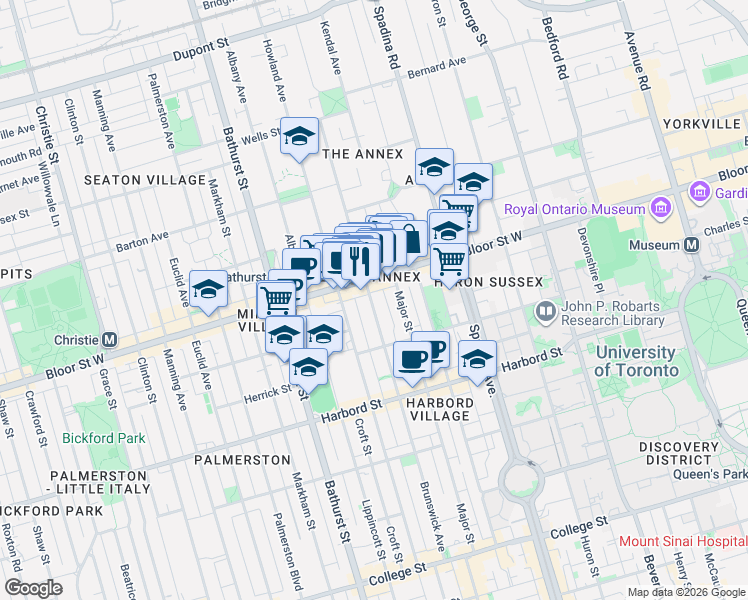 map of restaurants, bars, coffee shops, grocery stores, and more near 281 Brunswick Avenue in Toronto