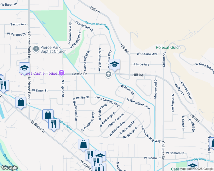 map of restaurants, bars, coffee shops, grocery stores, and more near 5401 Castle Drive in Boise