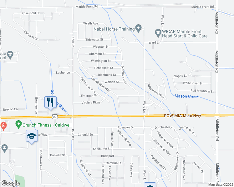 map of restaurants, bars, coffee shops, grocery stores, and more near 20126 Stockbridge Way in Caldwell