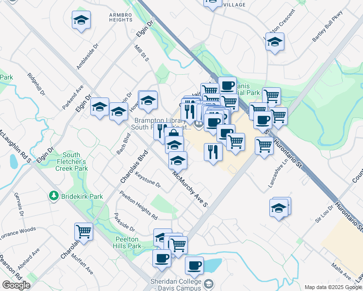 map of restaurants, bars, coffee shops, grocery stores, and more near 430 McMurchy Avenue South in Brampton