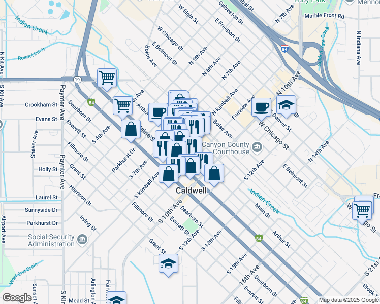 map of restaurants, bars, coffee shops, grocery stores, and more near 823 Arthur Street in Caldwell