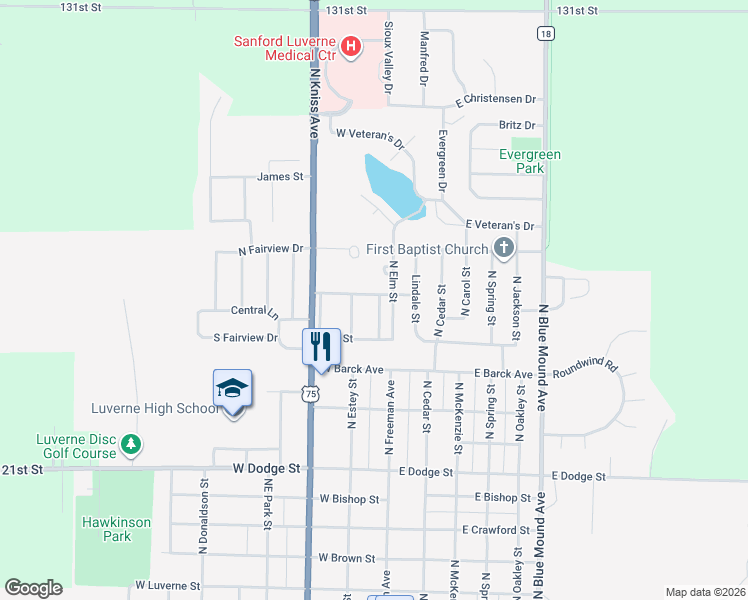 map of restaurants, bars, coffee shops, grocery stores, and more near 1017 North Freeman Avenue in Luverne